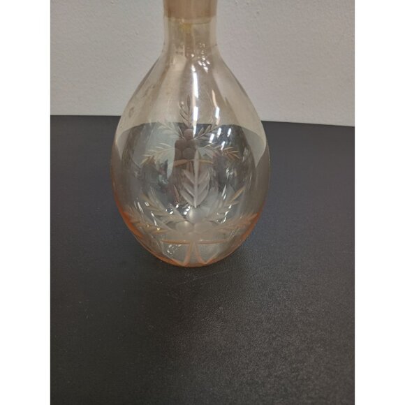 Vintage Iridescent Amber Art Glass Etched Floral Decanter Bottle With Stopper - Picture 2 of 8